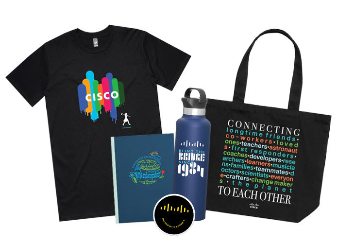 A black bag, a water bottle and a t-shirt all arranged togather and branded with the Hatch Design.