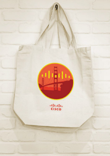 A Cisco branded cotton bag hanging on the wall.
